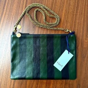 NWT CLARE V FLAT CLUTCH w/ TABS + BRASS CHAIN CROSSBODY STRAP